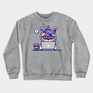 Cute Man Wearing Unicorn Costume Working On Laptop With Coffee Cartoon Crewneck Sweatshirt